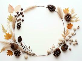 Autumn composition. Frame made of eucalyptus branches, flowers photo