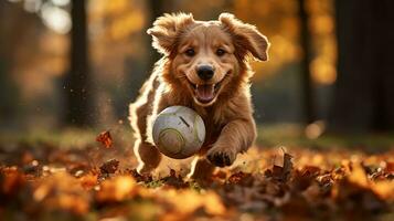 Dog plays with ball in autumn park photo