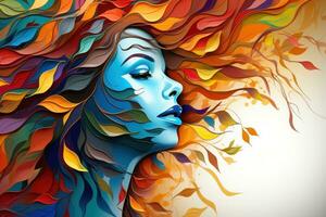 Woman face with vibrant leaves photo