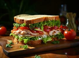 A tasty turkey and lettuce sandwich with a garnish of tomatoes and other vegetables photo