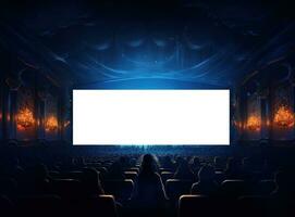 Big cinema with empty screen mockup photo