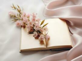 Empty book with flowers photo