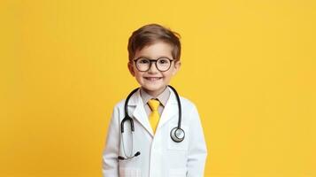Cute child in doctor coat with stethoscope on color background photo