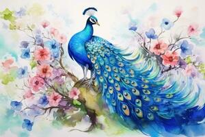 Peacock on oil painting of colorful artworks photo