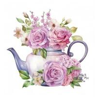 Watercolor teapot with flowers isolated photo