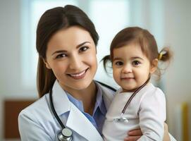 A nurse is looking at an older child with a stethoscope photo