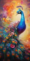 Peacock on oil painting of colorful artworks photo