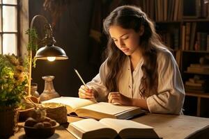 Young girl reading and writing in the notebook photo