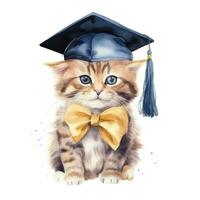 Cute watercolor cat in graduarion cap isolated photo