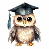 Cute watercolor owl in graduarion cap isolated photo