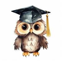 Cute watercolor owl in graduarion cap isolated photo