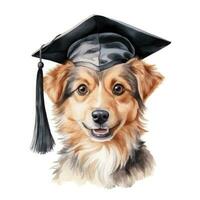 Cute watercolor dog in graduarion cap isolated photo
