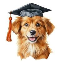 Cute watercolor dog in graduarion cap isolated photo