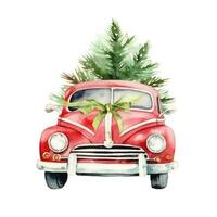 Cute christmas watercolor red retro car with christmas tree lies on it isolated photo