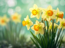 Daffodils and bright green grass background photo