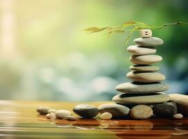 Stacked stones with wooden spa theme board and sticks photo