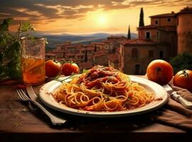 Pasta with meat sauce and some tomatoes photo