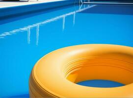 A blue bottom swimming pool with blue water below a large yellow rafting in the mid photo