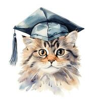 Cute watercolor cat in graduarion cap isolated photo