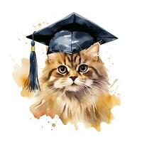 Cute watercolor cat in graduarion cap isolated photo