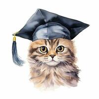 Cute watercolor cat in graduarion cap isolated photo