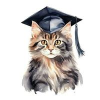 Cute watercolor cat in graduarion cap isolated photo