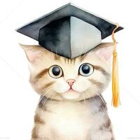 Cute watercolor cat in graduarion cap isolated photo