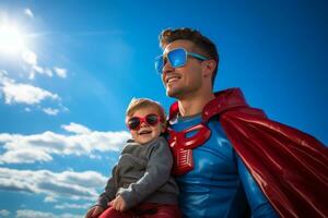 Dad with sons and daughter in superhero costume photo