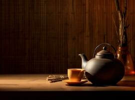 A teapot and other tea items on a wooden table photo