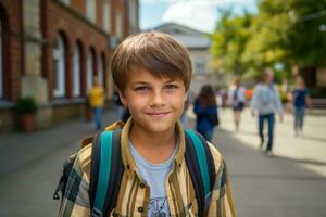 A happy child in black walking into school photo