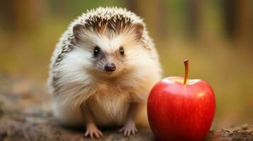 Cute hedgehog in forest with apple photo