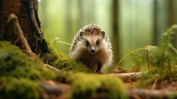 Cute hedgehog in forest photo