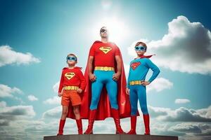 papá con hijos y hija en superhéroe disfraz foto