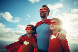 Dad with sons and daughter in superhero costume photo