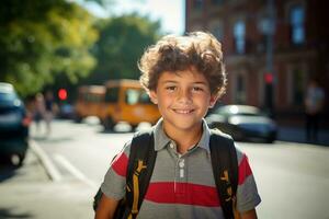 un contento niño en negro caminando dentro colegio foto