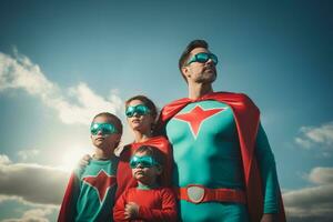 Dad with sons and daughter in superhero costume photo