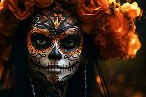 A mexican woman with sugar skull makeup and flowers photo