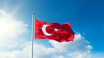 Turkish flag with blue sky background photo