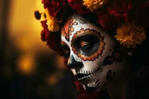 A mexican woman with sugar skull makeup and flowers photo