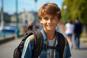 A happy child in black walking into school photo