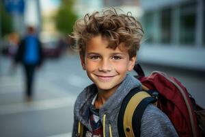 un contento niño en negro caminando dentro colegio foto