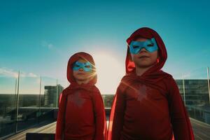 Dad with sons and daughter in superhero costume photo