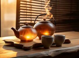 A teapot and other tea items on a wooden table photo