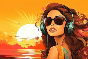 Cool disco girl wearing huge headphones and sunglasses photo