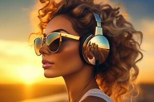 Cool disco girl wearing huge headphones and sunglasses photo