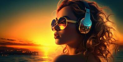 Cool disco girl wearing huge headphones and sunglasses photo