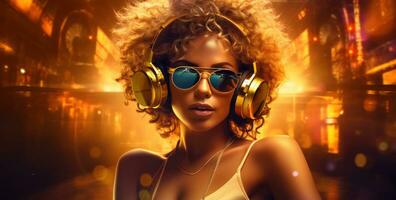 atractivo mujer en un DJ auriculares y gafas de sol foto