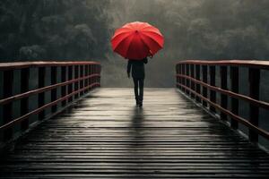 persona con rojo unbrella debajo el lluvia foto