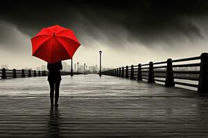 persona con rojo unbrella debajo el lluvia foto