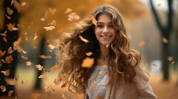 Girl with autumn leaves photo
